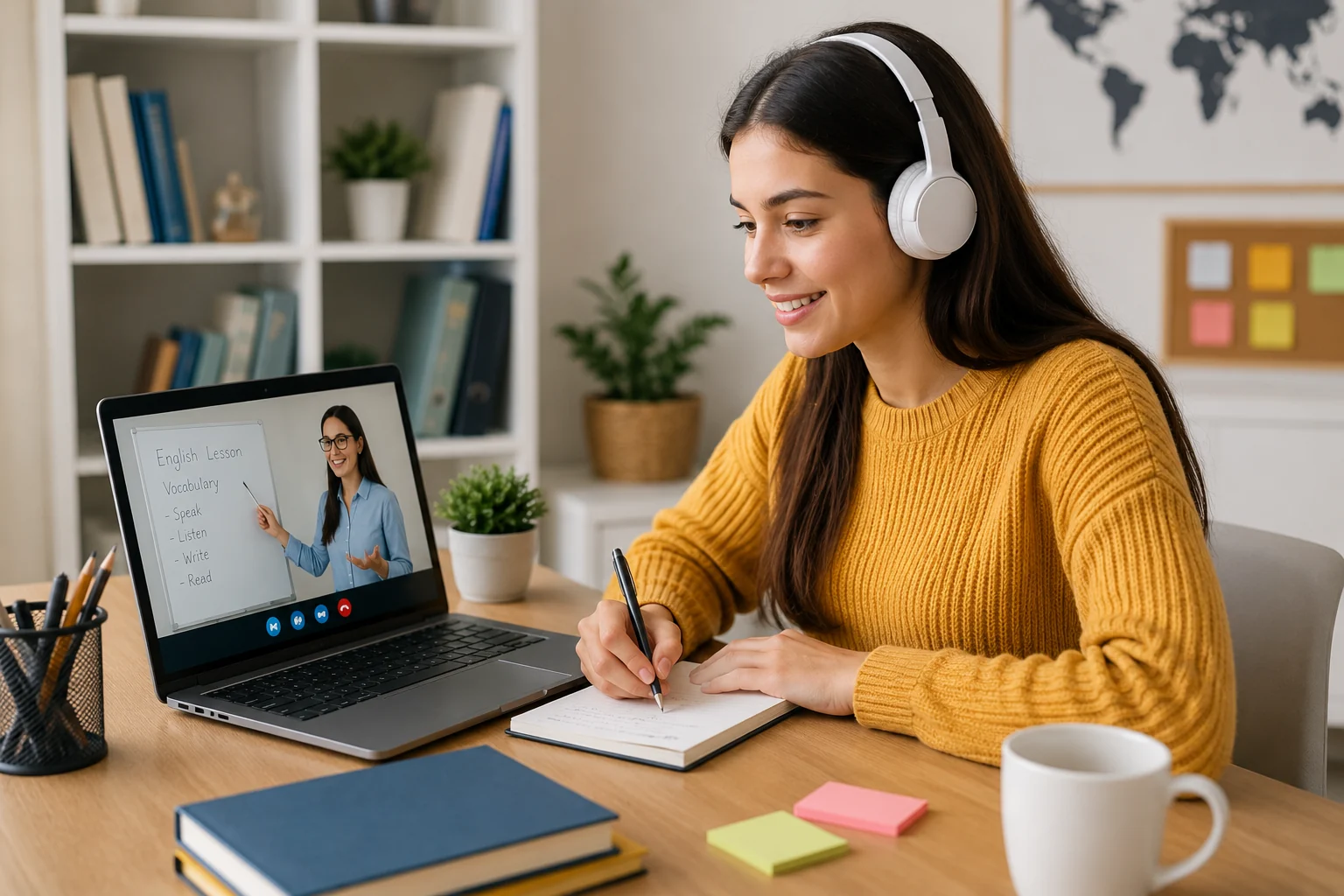 Apprenante suivant un cours de langue en ligne avec une formatrice PLC
